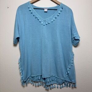 Chico's‎ Women Linen Cotton Sweater Top Large Blue Tassel Trim Lagenlook Artsy
